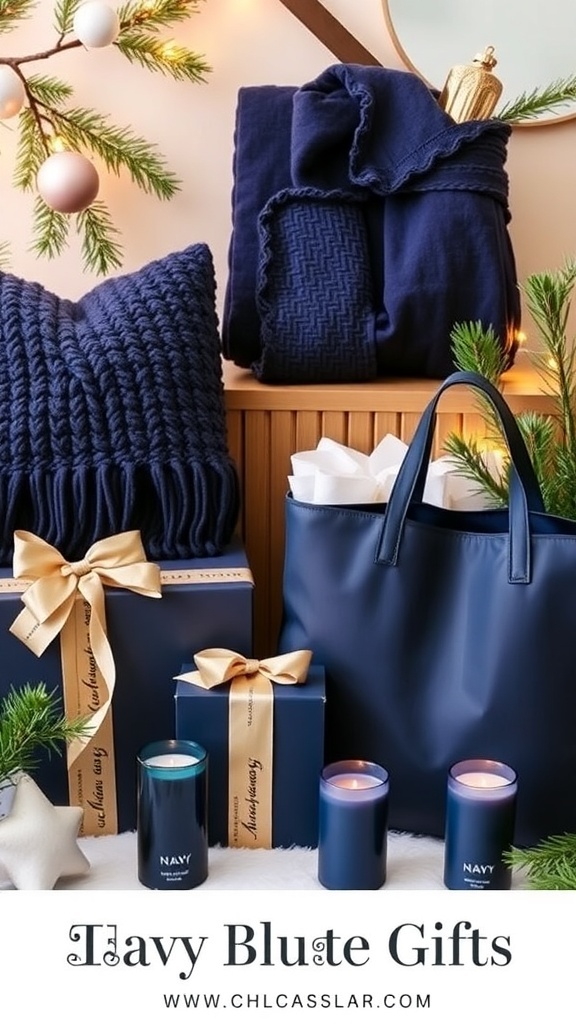 A collection of navy blue Christmas gifts including a blanket, tote bag, and candles, surrounded by festive decorations.